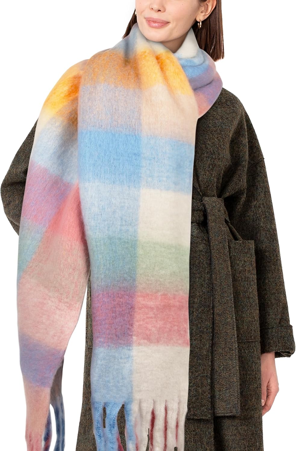 Womens Scarf Winter Big Colorful Checked Thick Warm Soft Scarves Casual Tassel Blanket Scarf